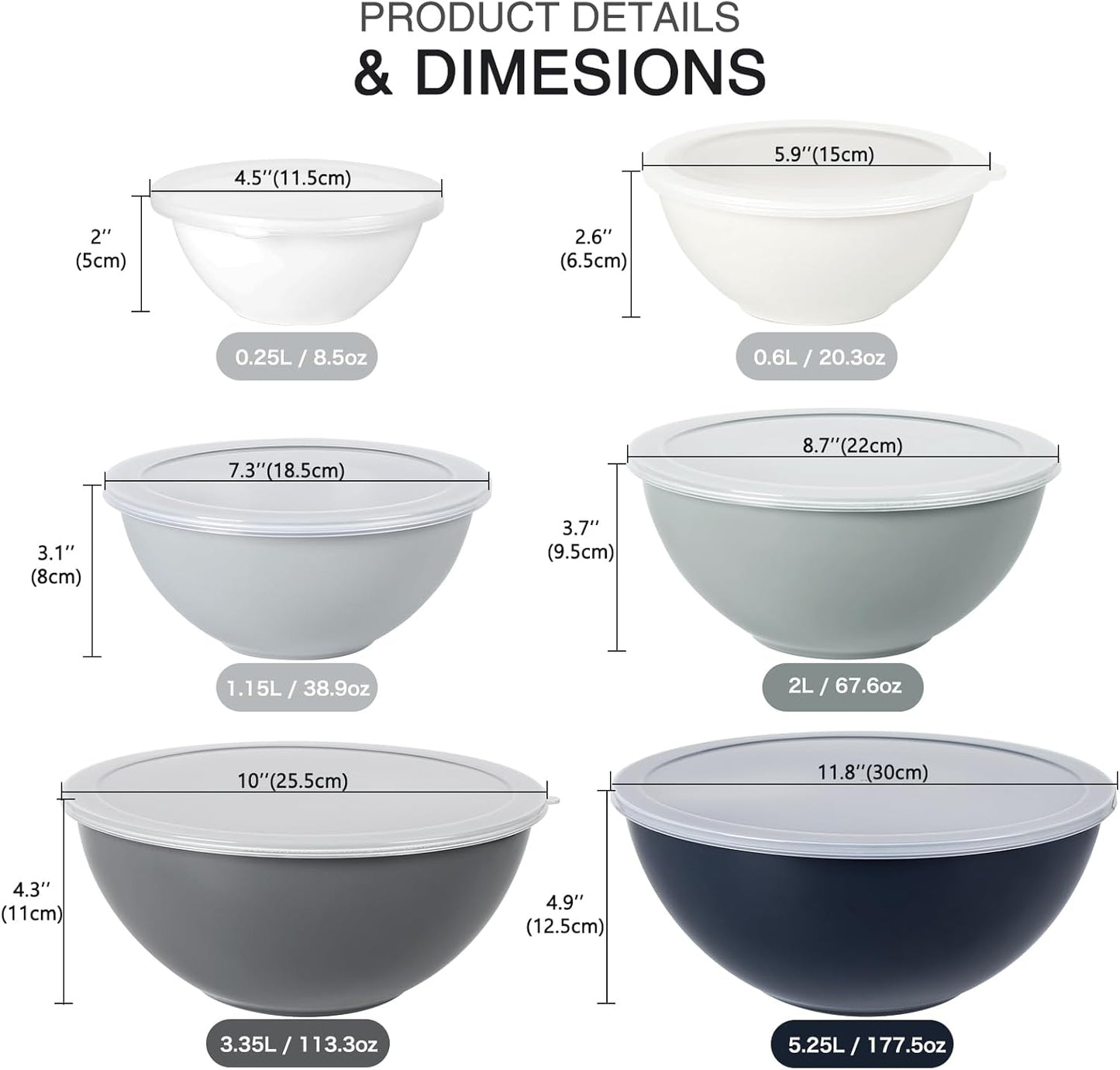 6-Piece Plastic Mixing Bowl Set with Lids for Kitchen, Nesting Storage Bowls for Baking, Prepping,Cooking and Serving Food, Dishwasher, Microwave Safe,Great for Mixing & Serving,Gray