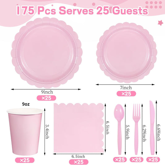 175 Pcs Pink Paper Plates and Napkins, Light Pink Party Supplies Include Scalloped Plate Napkins Cups Plastic Spoons Forks Knives for Baby Shower, Wedding, Birthday