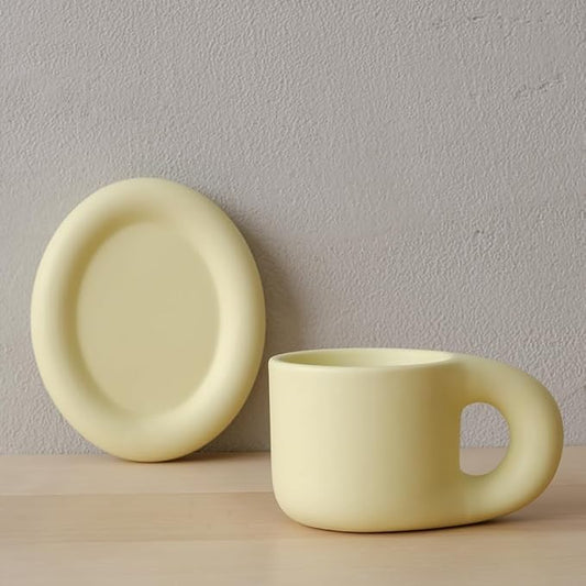 WENSHUO Chubby Funny Coffee Mug, Novelty Cute Cup and Saucer, Matte Crème, 9 oz