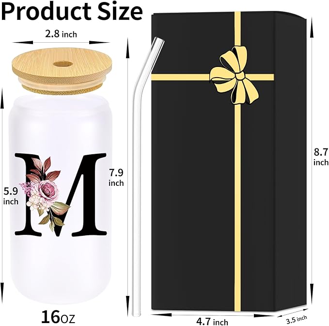 Monogrammed Glass Drinking Cup With Lid Straw Women Wife Gifts Ideal from Husband Happy Birthday Wedding Romantic Best Cool Personalized Unique Special Cute Custom Christmas Xmas Valentines Present,M