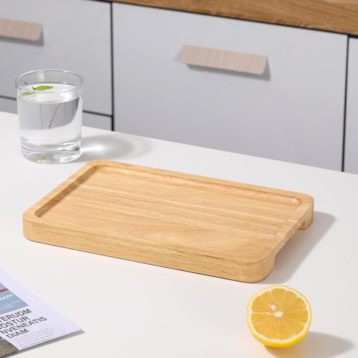 Rectangular Wooden Serving Tray, 9.8" x 6.7" with Side Handles, Natural Solid Wood Platter for Bread, Fruits, Snacks & Dessert, Modern Rustic Easy-to-Carry Tray for Home & Kitchen Use