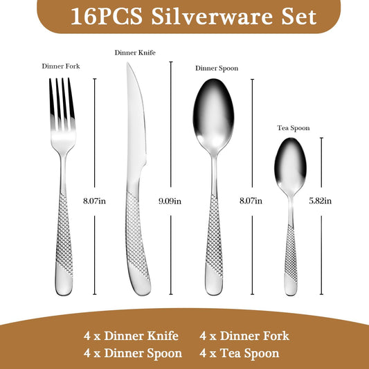 16 Piece Hammered Silverware Set for 4, Premium Food-grade Stainless Steel Flatware Set, Modern Design & Mirror Polished Cutlery Set, Eating Utensil Set Include Fork Knife Spoon Set, Dishwasher Safe