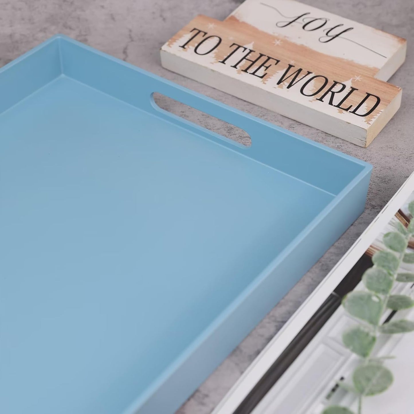 Blue Serving Tray for Coffee Table, Rectangular Plastic Decorative Tray with Handles for Entertaining, Outdoor Patio, Living Room, Ottoman, Bathroom Counter, 11.8”*15.7”*1.6”