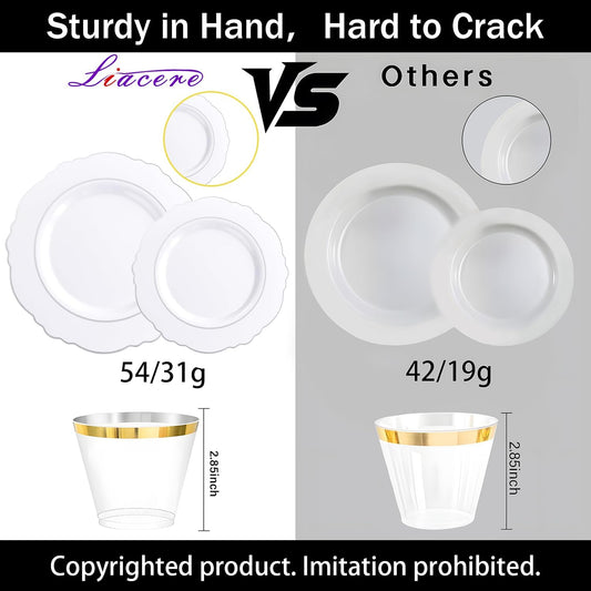 Liacere 350PCS Silver Plastic Plates-Disposable White and Silver Plates 50guest Baroque Plastic Dinnerware Set include 100Plates, 50Pack Pre Rolled Napkins with Silverware 50Cups Perfect for Christmas