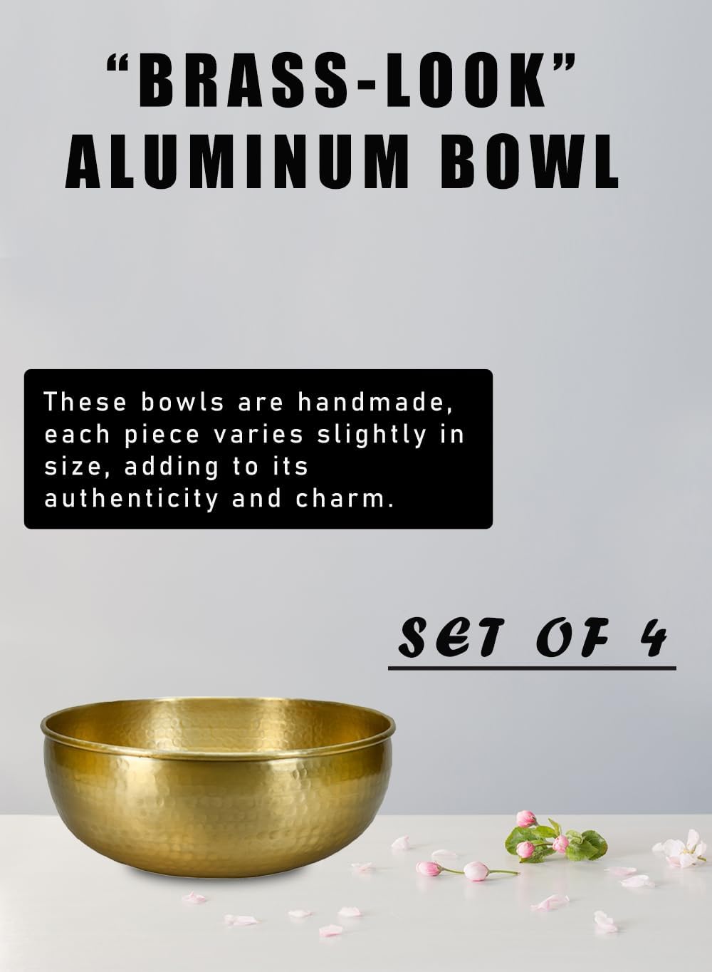 Serene Spaces Living 16" Brass-Look Aluminum Bowl, Handcrafted in India, Decorative Bowl for Living Room, Kitchen, Entryway, Wedding - Ideal for Catchall, Flower, Fruit, or Candy Bowl, Pack of 4
