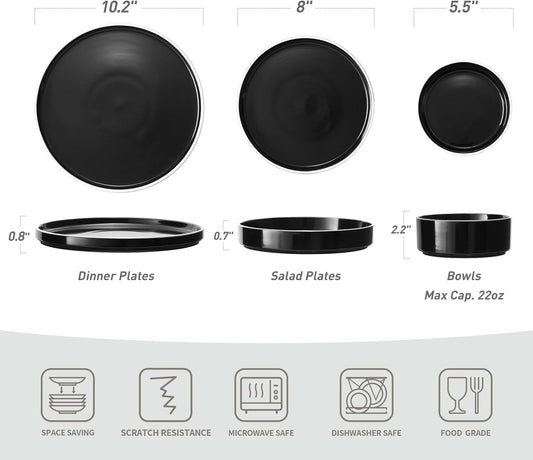 Famiware Nebula Plates and Bowls Sets for 4, 12 Pieces Stoneware Dinnerware Set, Microwave and Dishwasher Safe Dishes Set, Black with White Rim