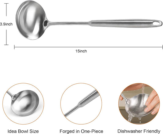 FJNATINH Soup Ladle Stainless Steel, Food Grade Metal Kitchen Ladle Spoon for Canning Soups Sauces, Easy to Clean, 15 Inches