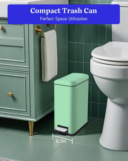 Bathroom Trash Can with Lid,5 Liter / 1.3 Gallon Small Trash Can with Removable Liner Bucket, Soft Close lid & Step Pedal, Stainless Steel Trash Bin for Bathroom,Bedroom,Home Office, Green