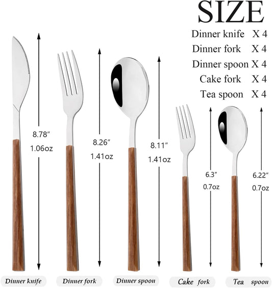 20 Piece (4 Set) Silver Stainless Steel Tableware With Wooden Handle, Wedding Cutlery And Daily Use, Silverware For Home Restaurant Party, Mirror Finished