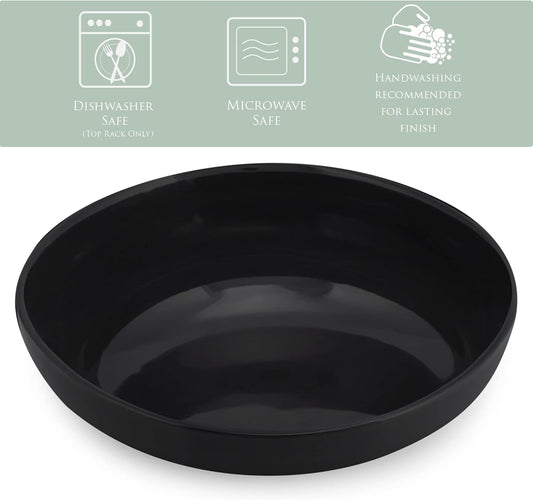 Elanze Designs Bistro Glossy Ceramic 8.5 inch Shallow Pasta Dinner Bowls Set of 4 - Perfect for Everyday uses from Italian Style Pasta to Caesar Salad, and Ramen to Pho, Black
