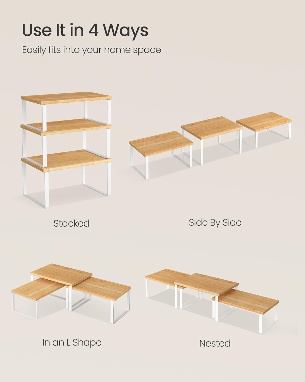 SONGMICS Cabinet Organizer Shelf, Set of 3 Kitchen Counter Shelves, Kitchen Storage, Spice Rack, Stackable, Expandable, Cloud White and Natural Beige UKCS014YL02