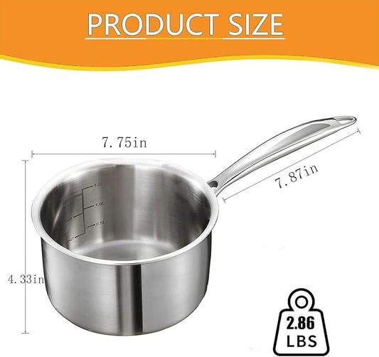 2.5 Quart Triple Stainless Steel Saucepan with Lid, Ramen Pot with Clear Glass Cover, Small Sauce Pan for Cooking Oatmeal, Induction-Ready, Dishwasher-Safe, Suitable for All Stoves