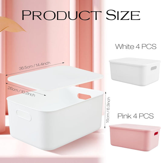 Hoolerry 8 Pieces Colorful Storage Bins with Lid, Plastic Storage Basket Organizing Container Stackable Box with Handle for Shelves Desktop Playroom Office(13.8 x 9.8 x 5.9 Inch,White and Pink)