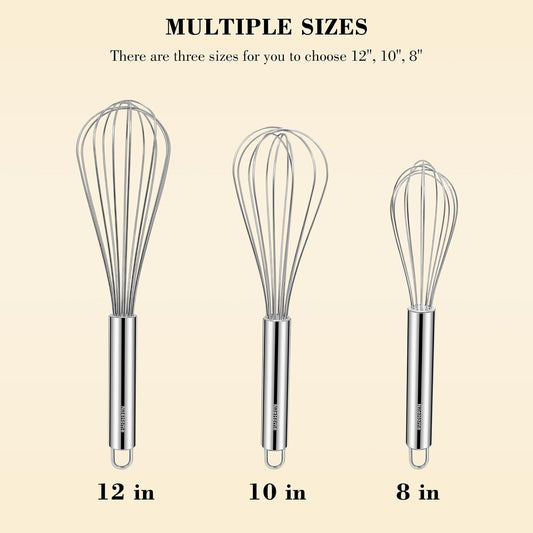 NileHome Stainless Steel Whisk Set 8" 10" 12" Kitchen Whisk Balloon Whisk Kitchen Wisk Wire Whisks for Cooking, Whisking, Blending, Beating, Stirring-3 Pack…