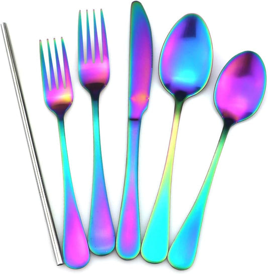JASHII Modern Royal 20 Pcs Matte Rainbow 18/10 Stainless Steel Utensils Cutlery Dinnerware Set w/ 4 Pcs Straw, Knife Fork and Spoon Flatware Set for Wedding Festival Christmas Party Service for 4