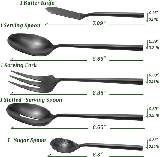 DEACORY Silverware Set with Serving Utensil Set Matte Black Flatware Set Hand Forged Stainless Steel Cutlery Set 45 Pieces Matte Finished Hexagon Handle Service for 8