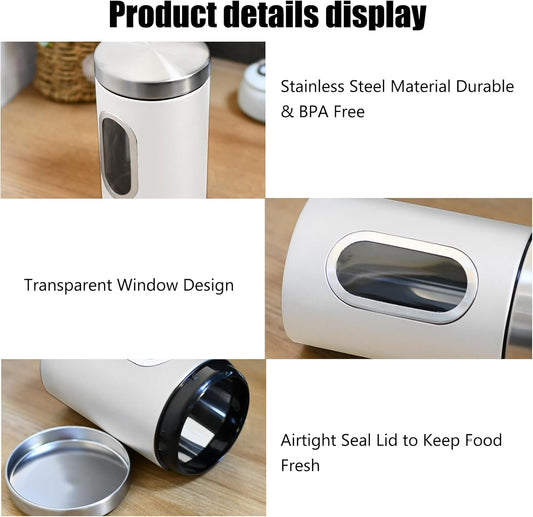Canisters Sets for the Kitchen, 3pcs Sugar Flour Tea Coffee Storage Jars Stainless Steel Food Container Organizer for Kitchen Counter with Transparent Window (white)