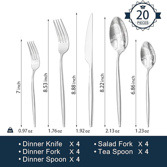 KINGSTONE Silverware Set, 20-Piece Flatware Set Cutlery Set Premium 18/10 Stainless Steel, Tableware Include Forks Knives Spoons for Home Kitchen Restaurant Wedding, Dishwasher Safe