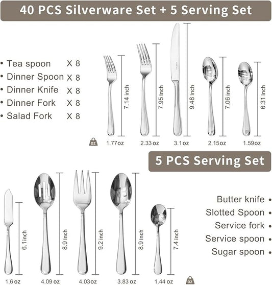 KINGSTONE 45 Pieces Silverware Set for 8, Premium Stainless Steel Flatware Set with Serving Utensils, Heavy Duty and Modern Design Cutlery Set, Mirror Polished, Dishwasher Safe