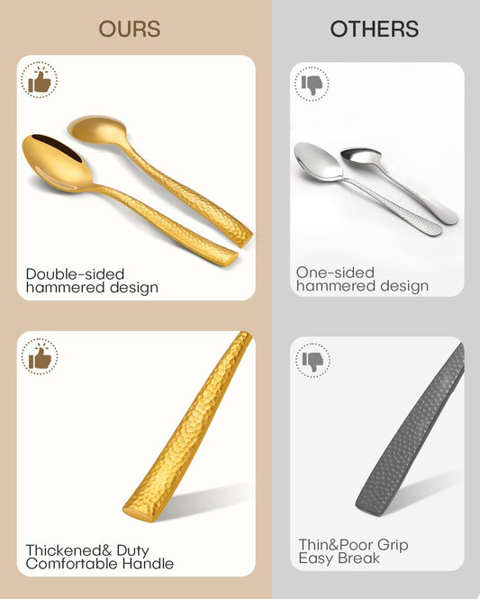 Silverware Set,Ollex 60-Pieces Hammered Gold Flatware Cutlery Set for 12 Mirror Finished with Anti-rust stainless steel Spoon Knives Forks for Kitchen Hotel Party Modern Utensil Sets,Dishwasher Safe