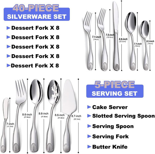 45 Pieces Silverware Set with Serving Utensils, Stainless Steel Flatware Serving Set for 8, Dinnerware Cutlery Set, Shell Pattern & Mirror Polished, Dishwasher Safe