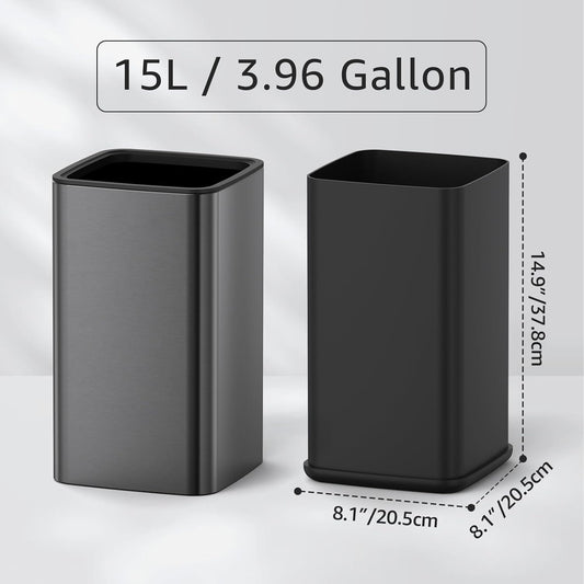 Mbillion 4Gal/15L Open top Trash Can with Removable Inner Bucket Small Waste Basket Stainless Steel Metal Trash Can for Bathroom Office,Brushed Black