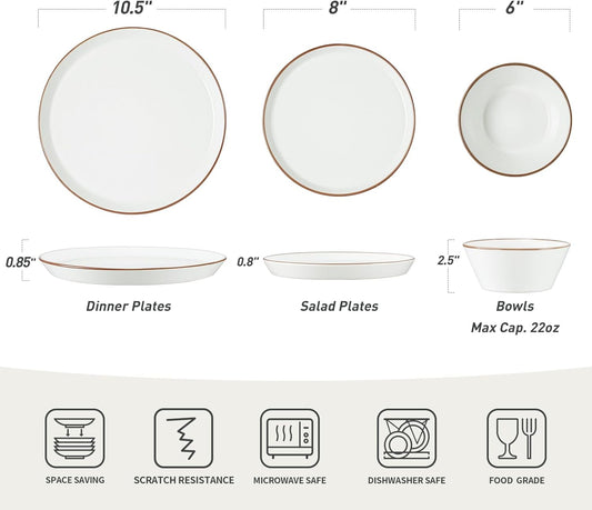 Famiware Saturn Dinnerware Sets, Speckled Plates and Bowls Sets for 4, 12 Pieces Stoneware Dish Set - Chip and Scratch Resistant, Microwave and Dishwasher Safe Tableware Set, White with Rim