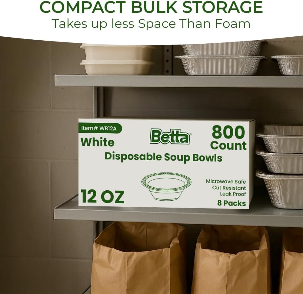 Betta 12 Oz Disposable Plastic Soup Bowls, White, 800 Count, Bulk Case for Schools, Breakrooms and Cafeteria, Microwave Safe (8 Pack Per Box x100)