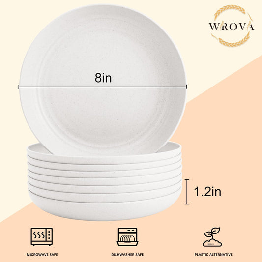 Wheat Straw Plates - 8 Inch Unbreakable Dinner Plates Set of 8 - Dishwasher & Microwave Safe Plastic Plates Reusable for Kitchen,R.V. (White)