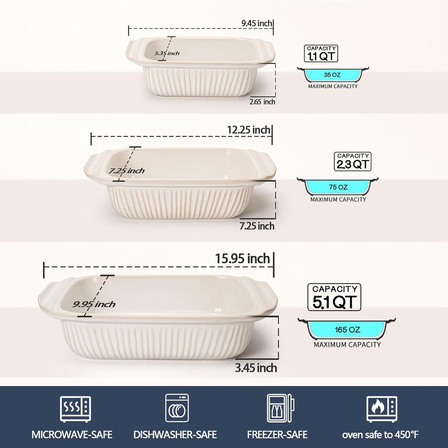 Artena Casserole Dishes For Oven, Ceramic Baking Dish, Large Lasagna Pan With Handles, Baking Pan Casserole Dish, Rectangular Bakeware Deep, White, Set Of 3 (5.1Qt/2.3Qt/1.1Qt) (Only Baking Dish)