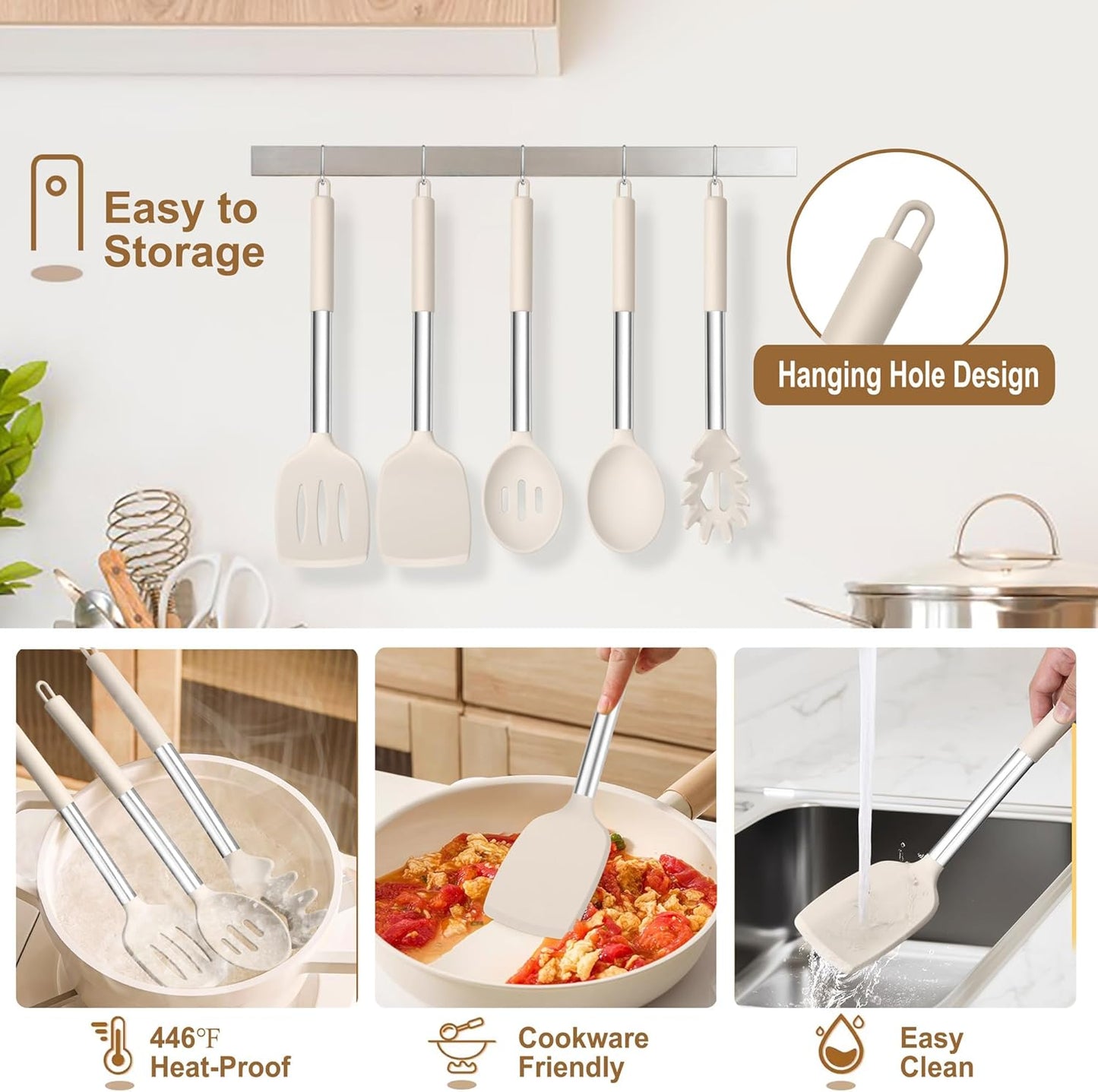 TeamFar Cooking Utensils Set, 5 PCS Silicone Kitchen Utensils with Stainless Steel Handle for Nonstick Cookware Turning Flipping Frying Draining, Heatproof & Healthy, Nonstick & Easy Clean, Khaki