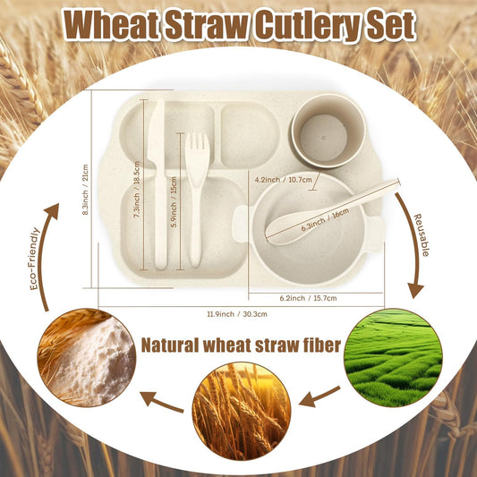24 PCS Wheat Straw Dinnerware Set for Kids Toddler Plate Bowl Cup Set Unbreakable BPA-Free Tableware with Divided Plate Microwave Dishwasher Safe Perfect for Home School Picnics