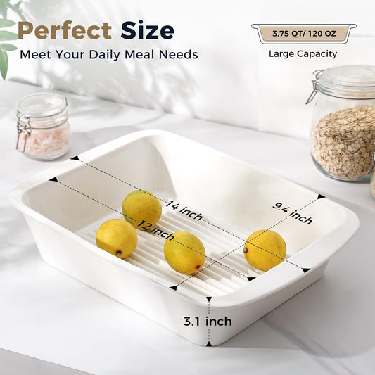 Baking Dish for Oven, 9.3'' x14'' Ceramic Casserole Dish, Lasagna Pan, Oven Safe Bakeware Sets with Handles, Microwave, Dishwasher Safe, Home Decor, Wedding Gift, White, Set of 2