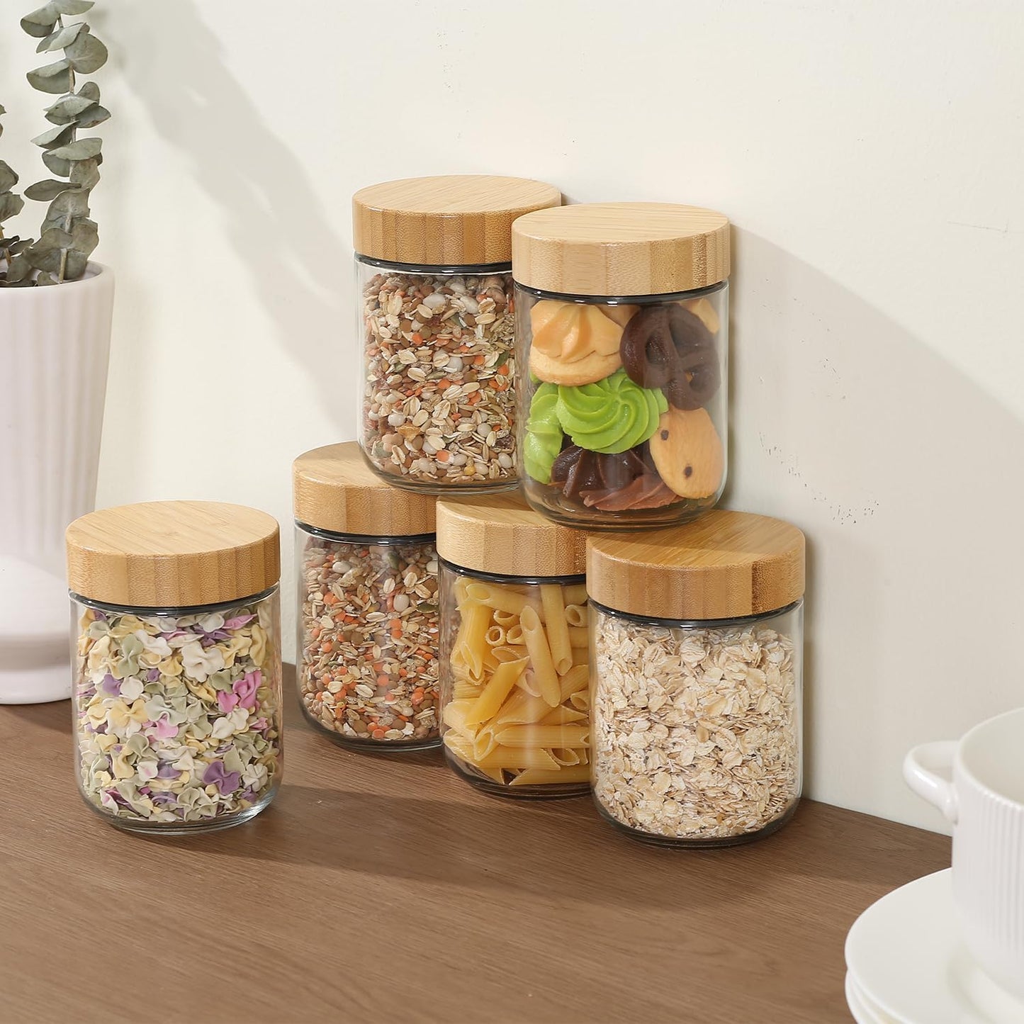 16 Oz Overnight Oats Containers 16 OZ Mason Food Jars With Lid Wide Mouth Glass Food Storage For Oats Yogurt Vegetable and Fruit Salad Spices Jam (12 Pack Bamboo Lid)