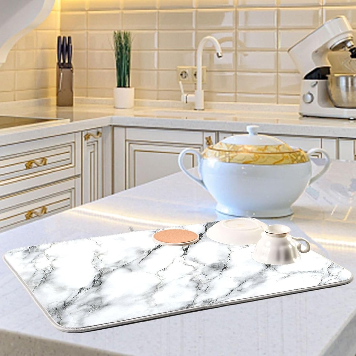 White Marble Pattern Dish Drying Mat for Kitchen Counter Super Absorbent Dishes Pad Reversible Microfiber Protector Dish Draining Mats 16x18 inch