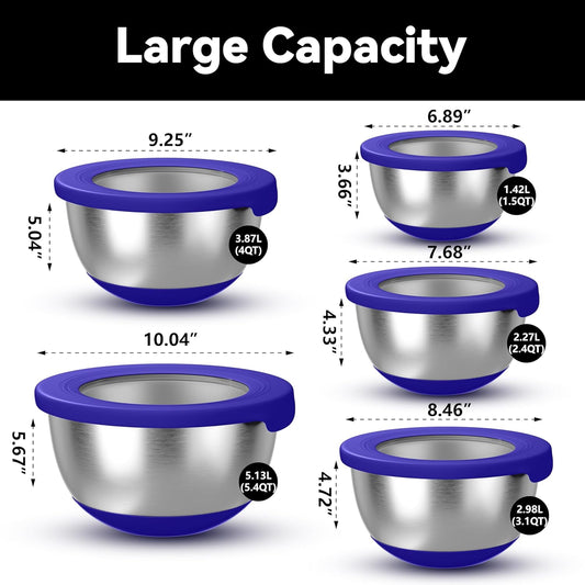 Stainless Steel Mixing Bowls with Lids – Set of 5 Large Nesting Metal Bowls for Kitchen, Baking, Cooking, Food Prep & Storage, Non-Slip Base, Dishwasher Safe,Blue