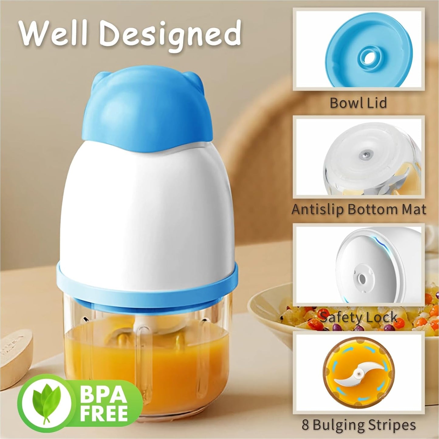 Baby Food Maker, Cordless Food Processor Puree Blender with 350ml Glass Bowl & 6 Sharp Blades, Small Wireless Chopper Baby Puree Maker, Mini Rechargeable Chopper Kitchen Mixer for Fruit,Vegetable,Meat