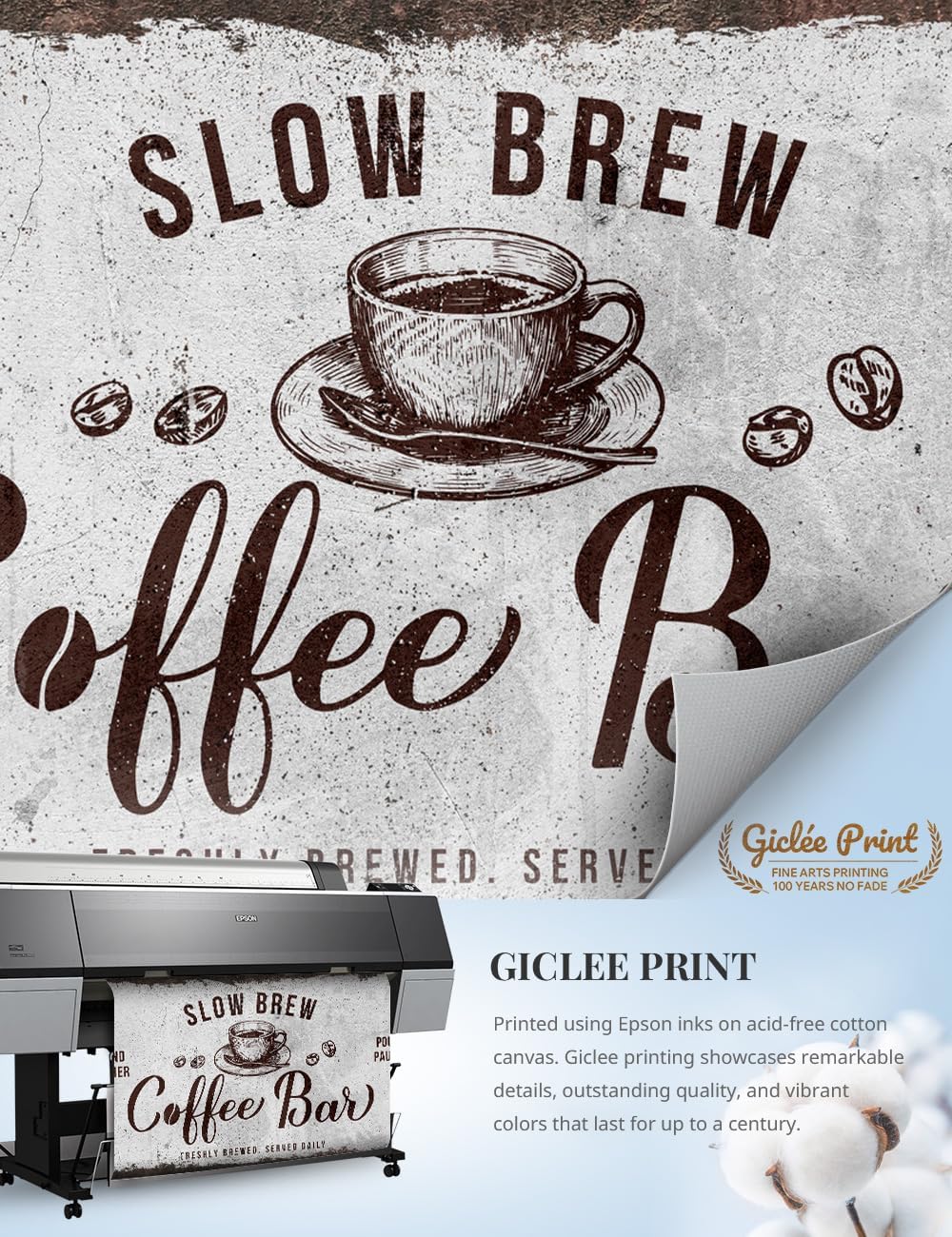 IPIC - Rustic Coffee Bar Sign Slow Brew, Canvas Print Wall Art for Home and Coffee Station, Rustic Industrial Style Wall Decor for Kitchen and Cafe