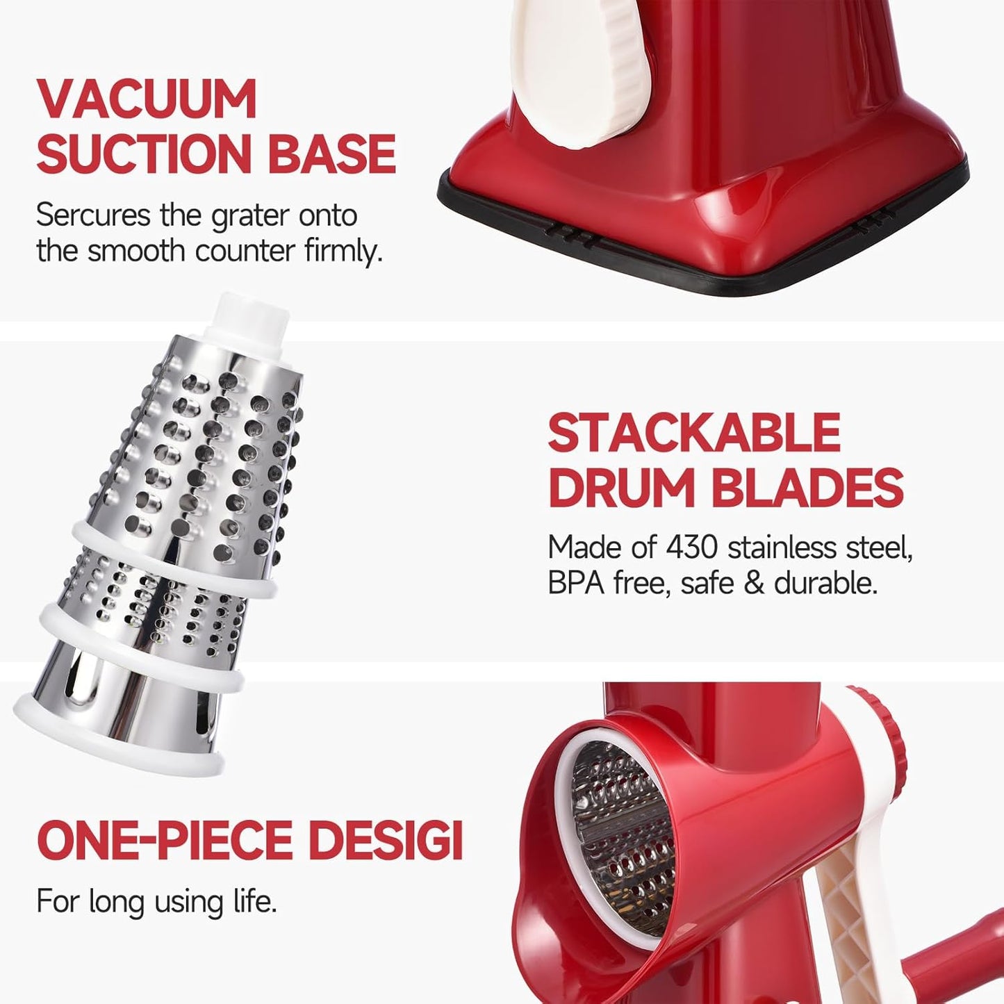 Rotary Cheese Grater with Handle Kitchen Shredder Slicer Grater Slicer Ice Shaver Cheese Vegetable Nuts Potato Zucchini Chocolate 3 Interchangeable Blades (RedWhite)