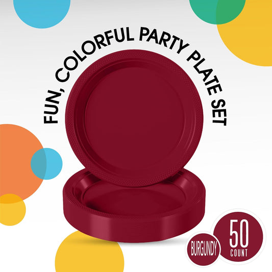 Exquisite Party Solids Burgundy Plastic Plates For Party Supplies 10" Burgundy Disposable Plates Heavy Duty 50 Pcs Plastic Dinnerware Sets Heavy Duty 350 GSM Disposable Dinnerware Set