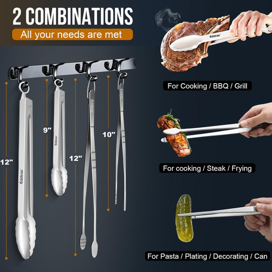 Tongs For Cooking - Heat Resistant 600 Degrees, All Metal Kitchen Tweezers Tongs, Heavy Duty Stainless Steel Cooking for Food, Grill, BBQ, Dishwasher safe Set of 4 (12" & 9in)