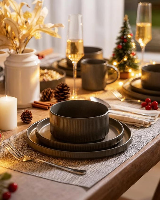 Famiware Star Dinnerware Set with Mugs, Service for 6 (24 Pieces), Ribbed Stoneware Plates and Bowls Dishes Sets - Chip & Scratch Resistant, Microwave & Dishwasher Safe, Matte Dark Charcoal