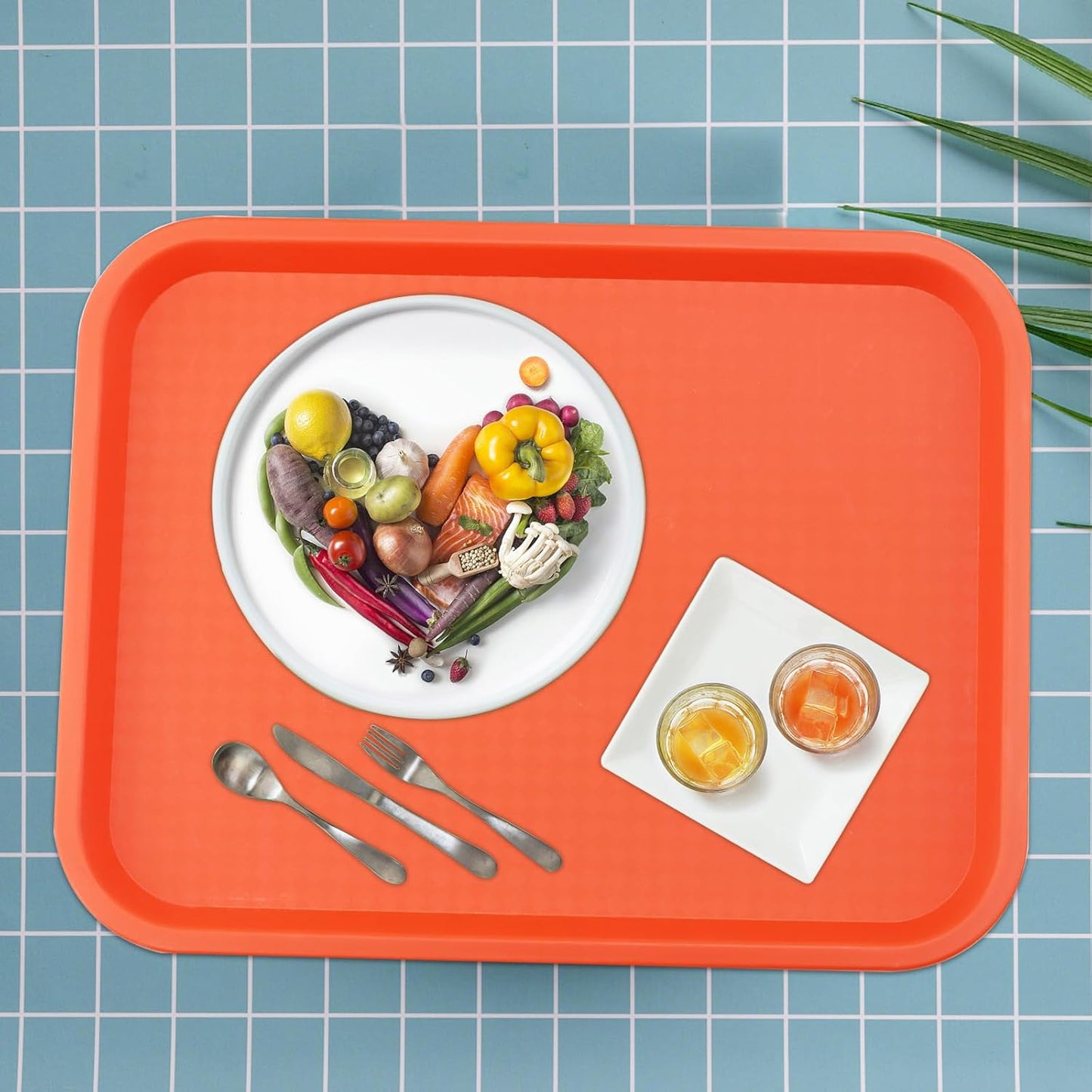 4 Pack 16 x 12 Inch Orange Fast Food Tray, Large Rectangular Restaurant Serving Trays, Plastic Cafeteria Trays School Lunch Trays
