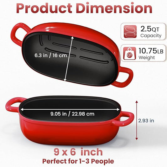 Cast Iron Dutch Bread Oven - 2.5QT Dutch Oven for Sourdough Bread Baking, Cast Iron Bread Loaf Pan with Lid, Easy Homemade Sourdough Dutch Oven, Blue Oval Bread Baking Pan, Gift for Family & Baker,Red