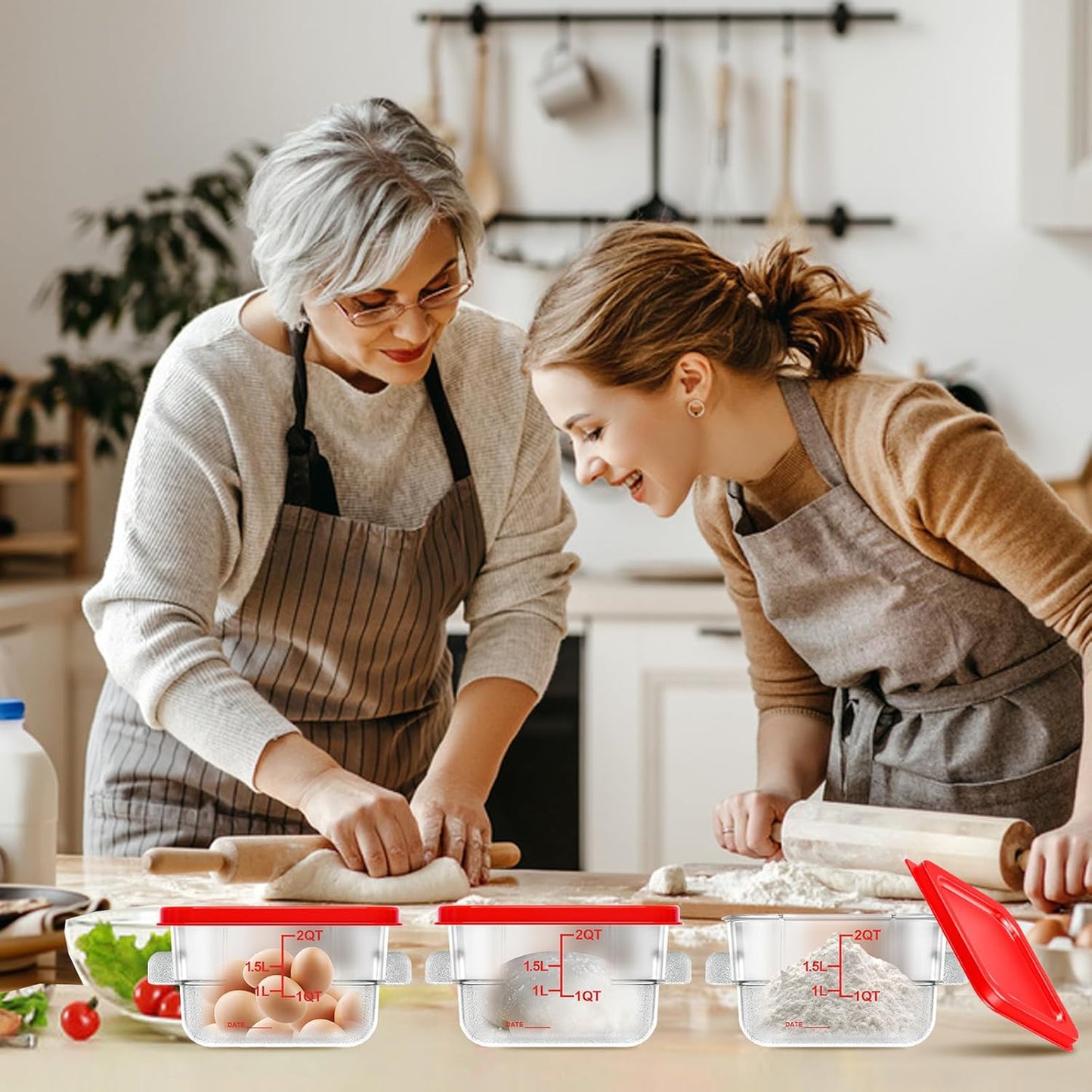 4 pcs 2qt Food Storage Containers with Lid, Square Clear Commercial Food Storage Containers with Handle and Scale for Food Storage in Home Kitchen & Dining (Red)