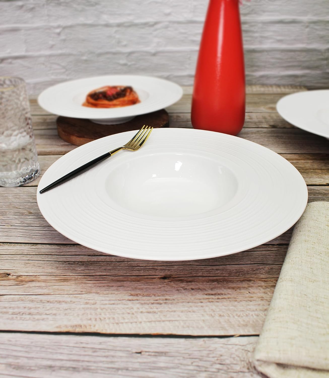 Ceramic Wide Rimmed Soup Plate, Soup Bowl 12 oz, Pasta Bowl Set of 4, White Shallow Bowl Plate with Rim, Best choice for high-end restaurants, hotels, and foodies,11.4 Inch Coil relief