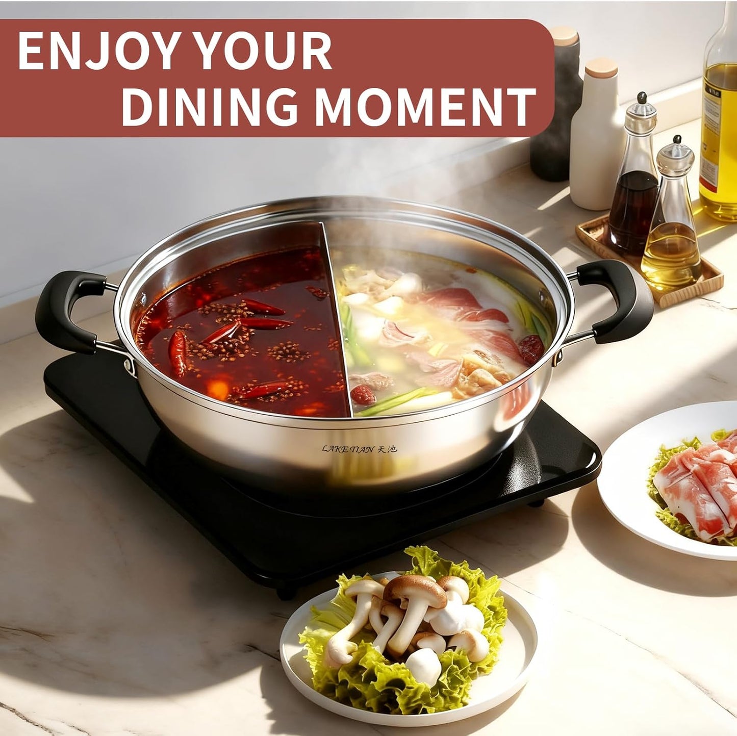 Stainless Steel Shabu Shabu Hot Pot, Dual Sided Yin Yang Hot Pot with Divider Include 3 Pot Spoons, 12 Inch 30 cm鸳鸯火锅