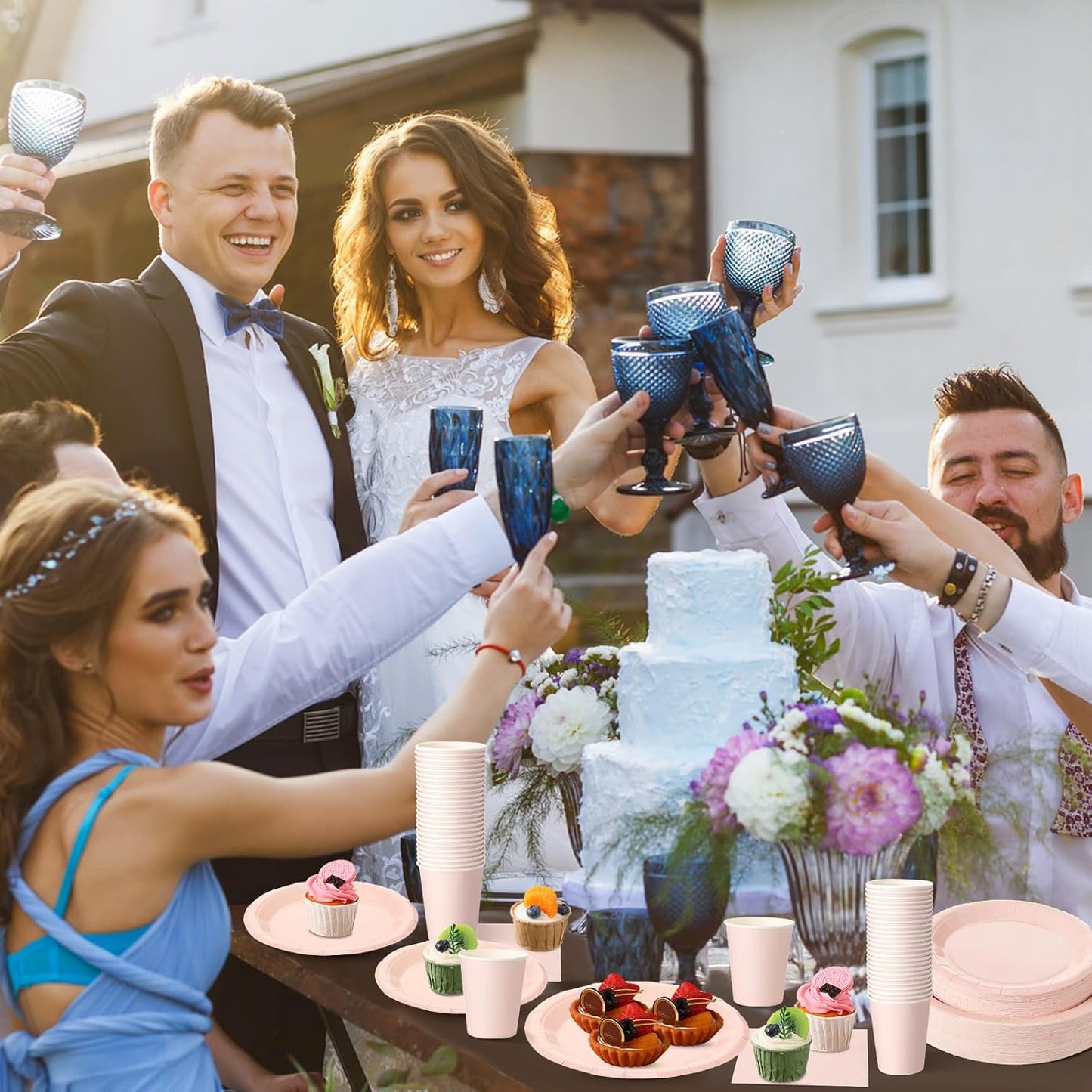 Tioncy 200 Pcs Disposable Paper Plates Cups and Napkins Party Supplies Serve 50 Guests Disposable Paper Dinnerware Set for Halloween Birthday Wedding Baby Shower Family Picnic(Pastel Pink)