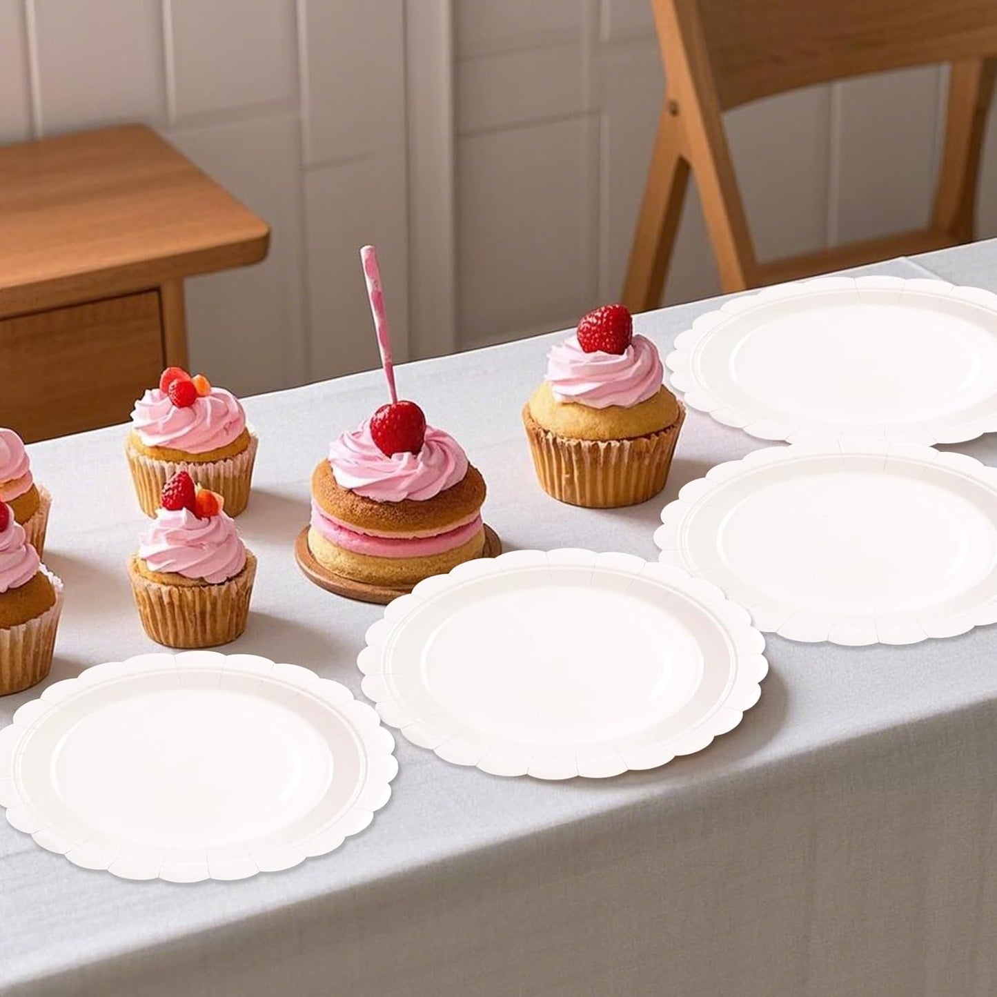 50Pcs Lvory Paper Plates-7 Inch Solid Color Scalloped Design Birthday Dinnerware Set Disposable Dinner Party Supplies for Wedding Baby Shower Table Decor Pininc Fall Party Decor