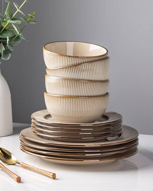 GBHOME Ceramic Dinnerware Sets, 24 Piece Embossed Elegant Stoneware Plates and Bowls Sets, Housewarming Wedding Gift | Dishwasher & Microwave Safe | Dishes Set Service for 8